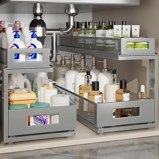 2 Pack 21.3IN-Depth Under Sink Organizer with Next-Gen Ball-Bearing Slides,2-Tier Pull Out Cabinet Storage,Height Adjustable Drawer Shelf for Bathroom,Kitchen,Laundry,Cabinet,Pantry-Gun Gray - ModernBath
