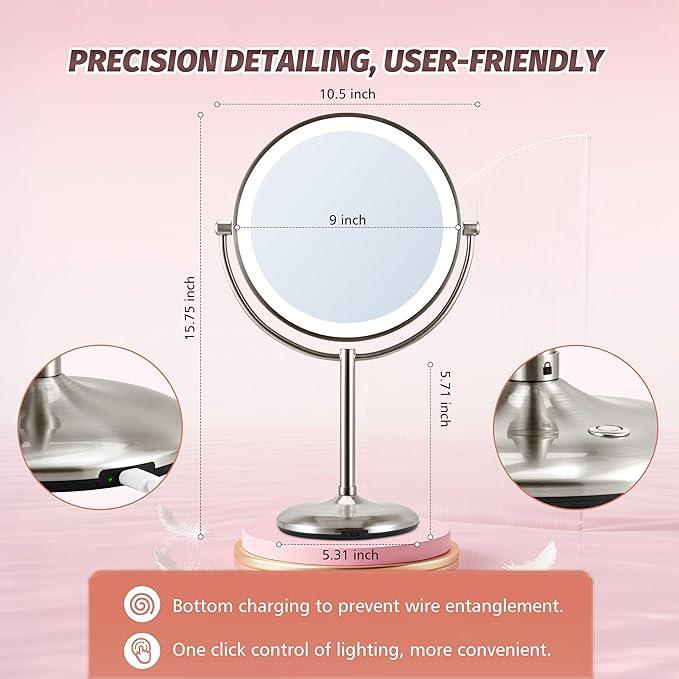 9" Lighted Makeup Mirror, 1X/20X Rechargeable Magnifying Mirror with 3 Color Dimmable Lights for Bedroom Tabletop, Base Charging and Switch, Women Gift - ModernBath