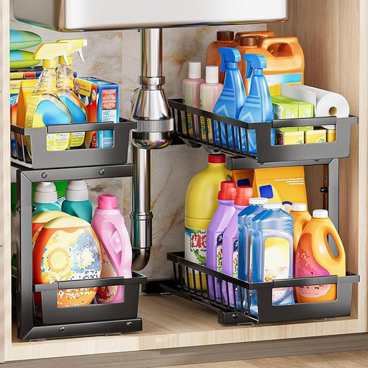 Under Sink Organizer 2 Pack, 2 Tier Adjustable Height Reinforced Carbon Steel Under Kitchen Bathroom Sink Storage Organizer, Smooth Pull-out Under Sink Cabinet Rack Drawer Organizer, Black - ModernBath