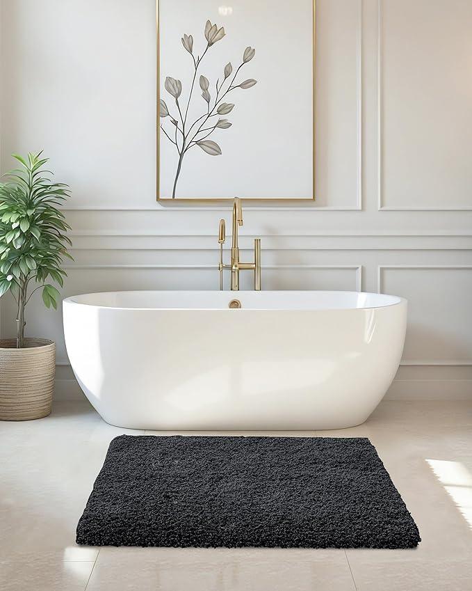 ILANGO Black Bathroom Rugs 36" × 24" Non Slip & Super Absorbent Extra Thick Soft, Washable Bath Mat for Floor, Microfiber Plush Shaggy Bath Rug with Rubber for Bathtub Shower Room Sink - ModernBath