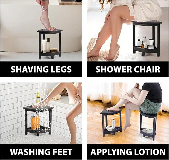 VICTORY RELAX Acacia Wood Corner Shower Stool - Waterproof Triangular Bathroom Bench with Storage Shelf & Soap Dish for Shaving, Black Wood (17.9x12.7x16.5) - ModernBath