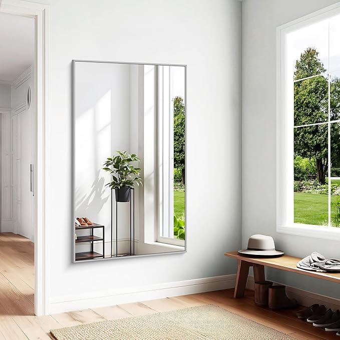 KOCUUY Silver Bathroom Mirror, 60"x36" Large Rectangle Bathroom Mirror for Wall, HD Tempered Glass, Anti-Rust Brushed Silver Frame, Modern Design for Bathroom, Bedroom, Hang Horizontal/Vertical - ModernBath