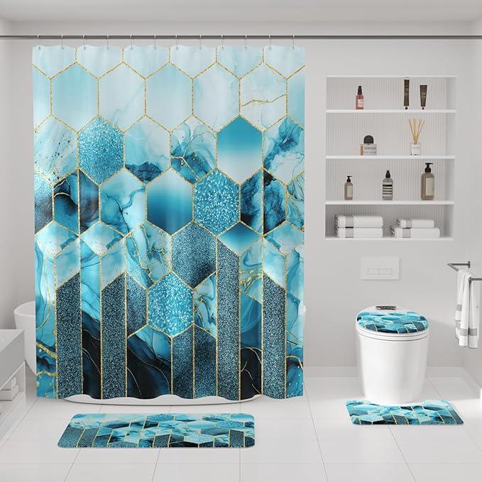 XLHOMO Bathroom Sets with Shower Curtain and Rugs - 4PC Teal Geometric Shower Curtain Set with 12 Hooks, Toilet Cover, U-Shaped Mat and Rugs Modern Abstract Bathroom Accessories for Bathroom - ModernBath