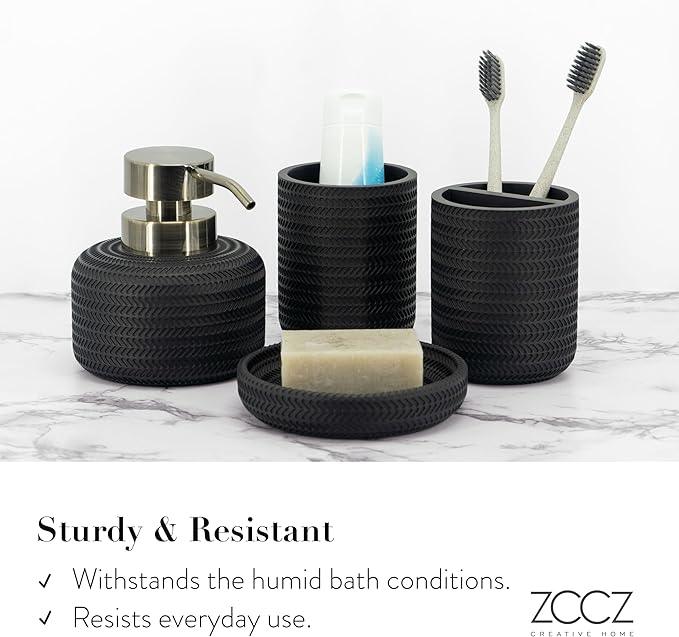 ZCCZ Black Bathroom Accessories Set 4 Pcs - Toothbrush Holder, Soap Dispenser, Vanity Tray, Tumbler - Countertop Organizer for Bathroom - Modern Accessory Set for Home Decor and Storage - ModernBath