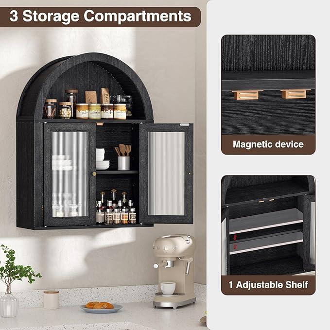 Bathroom Wall Cabinet, Arched Cabinet Wall Mount, 2 Acrylic Doors, 1 Adjustable and Removable Shelf, for Laundry Room, Living Room, Restroom, Kitchen, Black - ModernBath