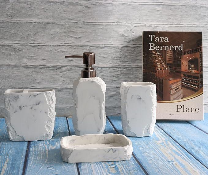 Hymmah Marble Bathroom Accessories Set,Marble Design Toothbrush Holder,Farmhouse Bathroom Decor,4 Pcs Resin Gift Set Apartment Necessities, Contain Toothbrush Cup,Soap Dispenser,Soap Dish,Tumbler - ModernBath