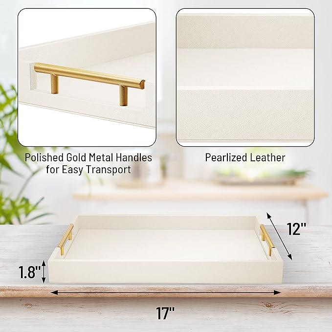 ATZYmolin 17" x 12" Wood Serving Tray with Gold Polished Metal Handles, Home Decorative Wooden Rectangle Ottoman Leather Decor Platter Bathroom Vanity Tray for All Occasions White - ModernBath