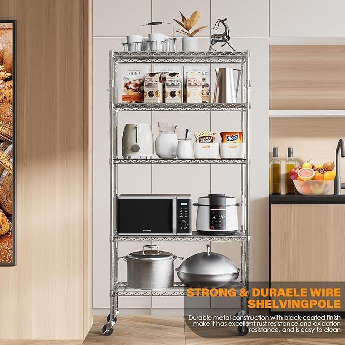YNN Storage Shelves,1750Lbs 5 Tier Heavy Duty Metal Rolling Shelving Unit with Wheels & 8 Hooks, Adjustable Garage Wire Rack for Kitchen, Bathroom,Industrial,Pantry(36" W x 14" D x 72" H, Chrome) - ModernBath