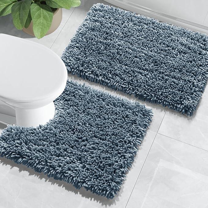 Yimobra Bathroom Rugs Sets 2 Piece, Soft Absorbent Bath Mat and U-Shaped Toilet Rug with Non Slip Backing, Luxury Shaggy Bath Mats for Bathroom, Machine Washable, 24"x17"+24"x20", Light Blue - ModernBath
