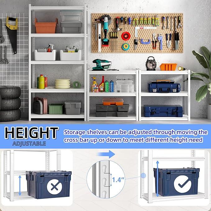 5 Tier Metal Storage Shelves Adjustable Garage Shelving, Heavy Duty Industrial Utility Rack Organization for Kitchen, Pantry, Closet, Garage, Office (White) - ModernBath