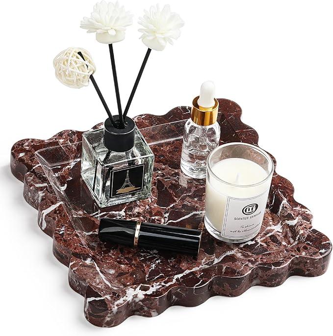 Natural Marble Vanity Tray - Moujings Genuine Marble Perfume Tray for Bathroom Decor, Stone Bathroom Vanity Organizer Tray for Kitchen Counter, Candles, Jewelry, Coffee, Makeup, Key - ModernBath