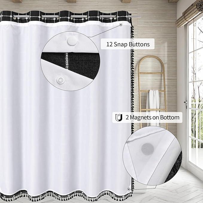 MitoVilla No Hooks Needed Boho Farmhouse Shower Curtain with Snap-in Liner, Cotton Linen Fabric Shower Curtains with Tassels for Rustic Neutral Bathroom Decor, Black and White, 72 x 74 - ModernBath