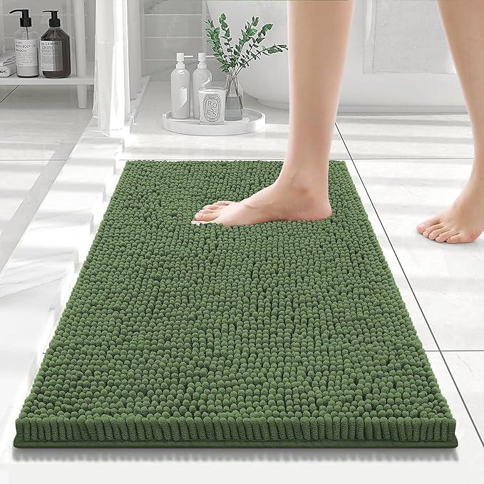 Smiry Luxury Chenille Bathroom Rugs 24x16, Extra Soft and Absorbent Shaggy Bath Mat, Machine Washable, Non-Slip Plush Carpet Runner for Tub, Shower, and Floor, Home Decor Accessories, Olive Green - ModernBath