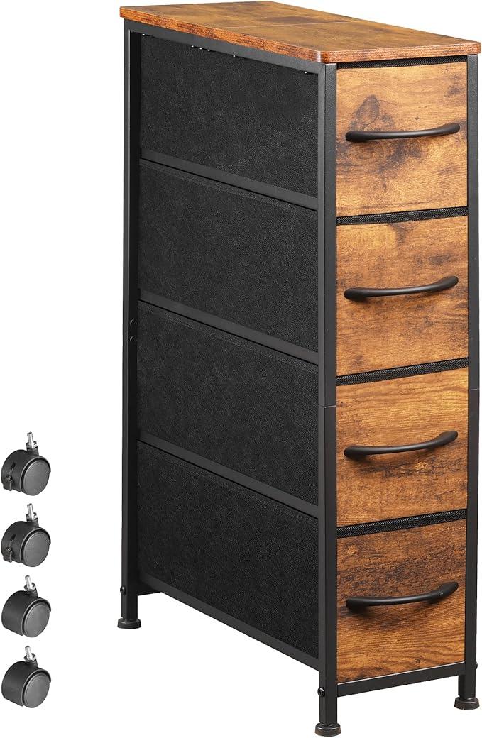Narrow Dresser Storage Tower with 4 Drawers, Slim Dresser Chest of Drawers with Steel Frame, Wood Top, Dresser for Bedroom, Bathroom, Small Spaces, Laundry, Closet (Rustic Brown) - ModernBath