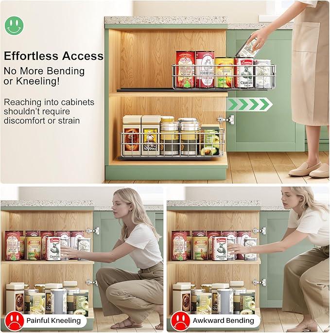 Pull out Cabinet Organizer, Stainless Steel 2-Pack Slide out Drawer with Silent Full-Extension Slides, Adhesive Roll out Can Spice Storage Basket Shelf Rack for Pantry, Kitchen, Bathroom, Home Closet - ModernBath
