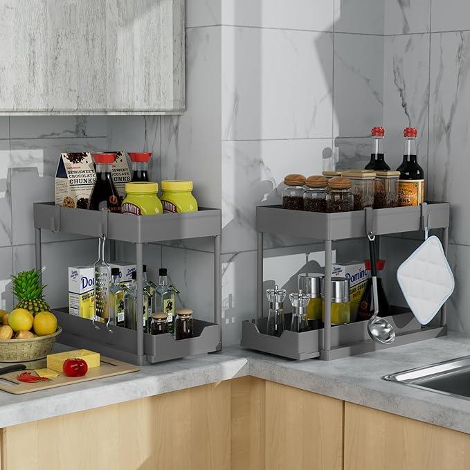 DEKAVA Under Sink Organizer 2 Pack，Bathroom Cabinet Organizer，2 Tier Sliding Cabinet Basket Organizer Drawer, Multi-Purpose Bath Collection Baskets for Bathroom (Grey) - ModernBath