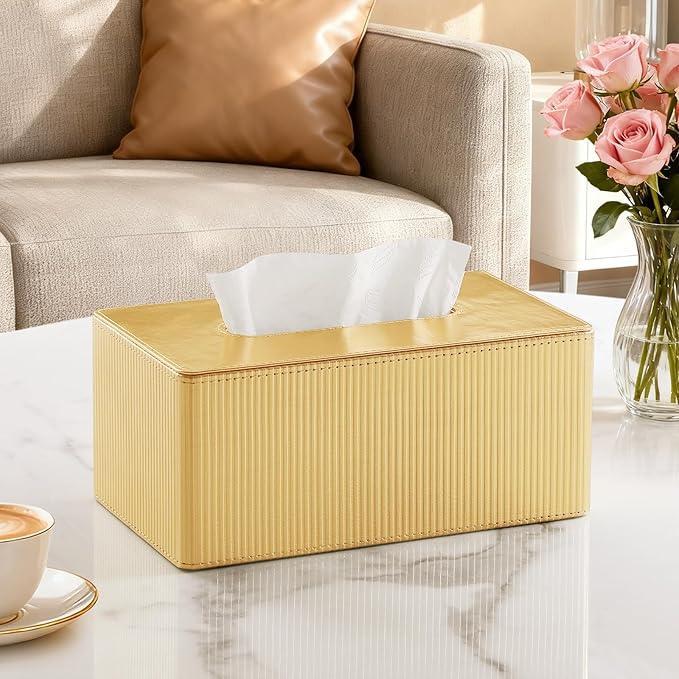 Cretkhp Gold Tissue Box Cover Rectangle with Magnetic Closure, PU Leather Tissue Box Holder for Bathroom NightStands Livingroom, Decorative Tissue Holder for 120(3-Ply)/160(2-Ply) Tissue Box (Gold) - ModernBath