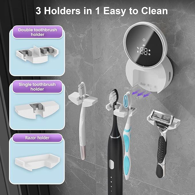 KIEROFIRT Toothbrush Holder and Cleaner Razor Holder and Dryer Auto Open/Close Cover Rechargeable Wall-Mounted Suitable for Most Toothbrushs(Off White) - ModernBath