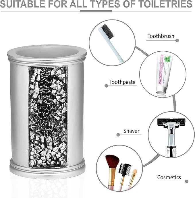 Zahari Home 4pc Sinatra Stylish Bathroom Accessories Set Liquid Soap Dispenser, Tumbler, Tooth Brush Holder and Soap Dish Modern Classic Luxury Decor Bling Mosaic Glass Silver Bathroom Accessories - ModernBath