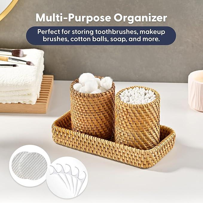 MaisoNovo Rattan Bathroom Set - Clear Countertop Dispenser, Toothbrush Holder & Toothpaste Cup with Tray - Set of 3 - Rattan Bathroom Vanity Trays Rectangle for Storage - ModernBath