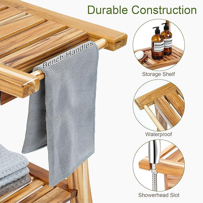24" Solid Teak Shower Bench with Towel Bar & Storage Shelf - Waterproof Bath Stool with Fixed Non-Slip Feet, 300lbs Capacity, Natural - ModernBath