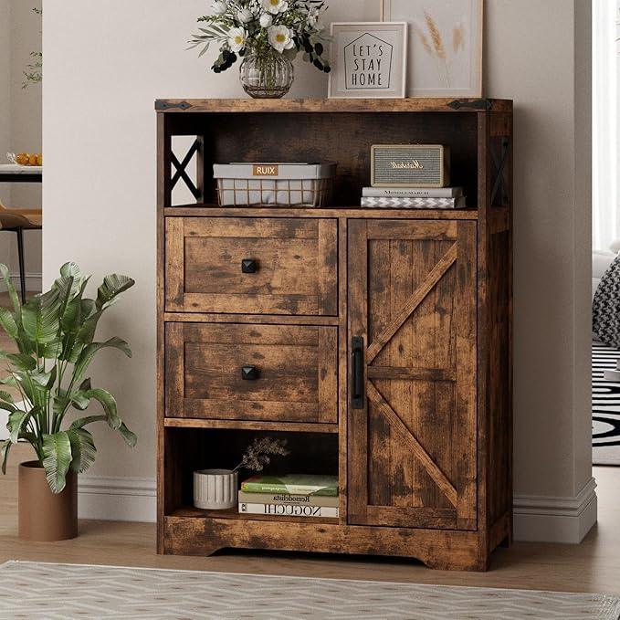 Fameill Farmhouse Storage Cabinet with 2 Drawers & Shelves,Freestanding Kitchen Cabinet with Doors,Floor Storage Organization for Living Room,Bathroom,Laundry,Brown - ModernBath