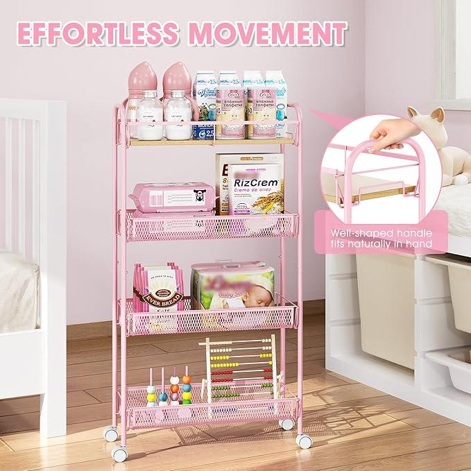 TOOLF 4-Tier Slim Rolling Cart, Metal Storage Cart with Wooden Tabletop and Mesh Baskets for Narrow Space on Kitchen Bathroom Laundry Room Bedroom Apartments Dormitory - ModernBath