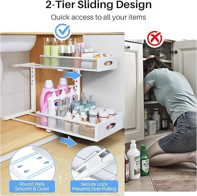 Under Sink Organizer, 2 Pack 2 Tier Pull Out Under Cabinet Organizer Shelf with Pad for Framed Cabinets, Metal Slide Out Under Sink Storage, Mesh Sliding Drawers for Kitchen Bathroom Laundry, White - ModernBath