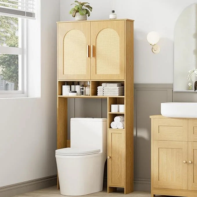 Homhedy 67" H Over The Toilet Storage Cabinet, Boho Bathroom Organizer with Rattan Decorated Doors, Adjustable Shelves, Toilet Paper Holder, Space-Saving Bathroom Shelf for Small Spaces, Natural - ModernBath