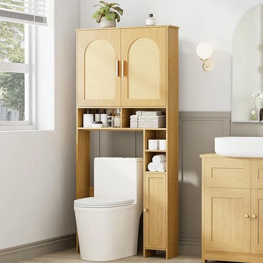 Homhedy 67" H Over The Toilet Storage Cabinet, Boho Bathroom Organizer with Rattan Decorated Doors, Adjustable Shelves, Toilet Paper Holder, Space-Saving Bathroom Shelf for Small Spaces, Natural - ModernBath