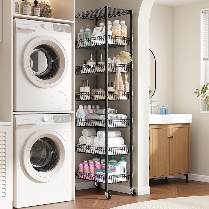 7 Tier Wire Shelving Unit with Wheels 72" H Adjustable Basket Shelf Storage Shelves with Hooks for Kitchen Bathroom Garage Closet Laundry Room Organization 72" H x 24" W x 14" D, Black - ModernBath