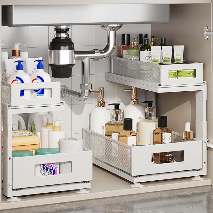 2 Pack Under Sink Organizer with Next-Gen Ball-Bearing Slides,2-Tier Pull Out Cabinet Storage,Height Adjustable Drawer Shelf for Bathroom,Kitchen,Laundry,Cabinet,Pantry(Patent Pending) - ModernBath