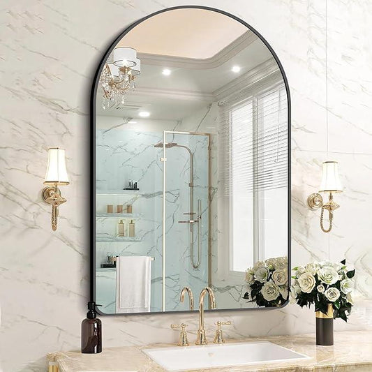FORBATH Arched Mirror 32x48 Inch, Bathroom Mirror Wall Mounted Modern Black Aluminum Alloy Frame Decor Large Dresser, for Bedroom Living Room Entryway, Hanging or Leaning Against Wall - ModernBath