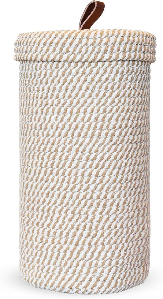 Toilet Paper Holder Handmade – Woven Toilet Paper Stand & Storage Basket with Lid, Cotton Freestanding Organizer for Bathroom, Fits 3 Rolls Cream Brown - ModernBath