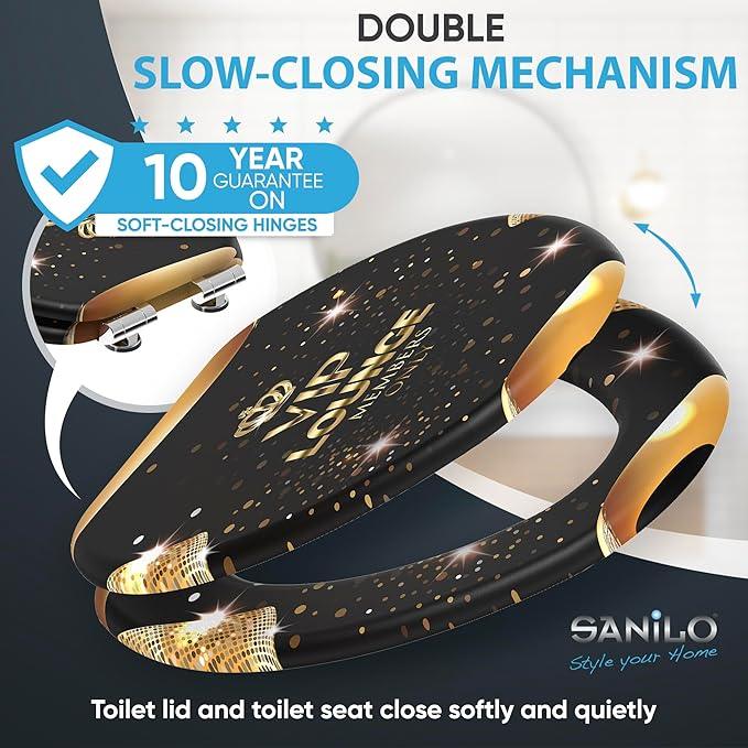 SANILO Wooden Toilet Seat with Soft Close [ELONGATED] - Decorative, Quiet & Slow Close Molded Wood Seat - With Strong Bumpers & Hinges - Adjustable Fit - VIP-Lounge - ModernBath