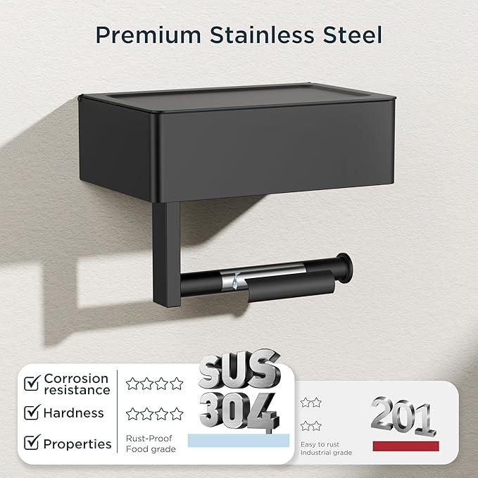 FORIOUS Toilet Paper Holder with Shelf, SUS304 Stainless Steel Wall Mount Toilet Paper Roll Holder, Flushable Wipes Dispenser Fits for Bathroom Wipe Storage, Bathroom Organizer (Matte Black) - ModernBath