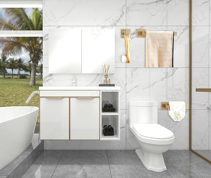 SHUNLI Gold Toilet Paper Holder + Hand Towel Holder, Brushed Gold Bathroom Accessories Hardware Set 2 Pieces, Wall Mounted Towel Ring Towel Bar, SUS304 Stainless Steel - ModernBath