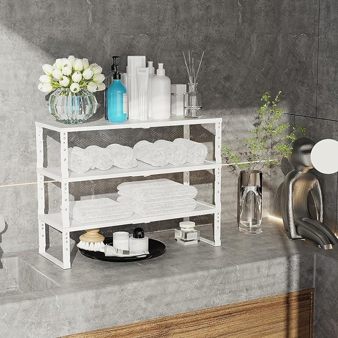 Expandable Cabinet Shelf Organizer Storage Spice Rack Shelves for Kitchen Stackable Adjustable Pantry Cupboard Bathroom Countertop Desktop(2Packs/White/Medium-with Hole) - ModernBath
