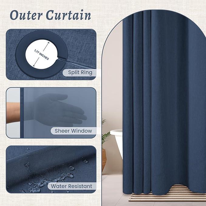 WONICY Extra Long No Hook Shower Curtain with Snap in Liner, Polyester Textured Shower Curtain with Liner Set, Waterproof Washable Hotel Style Shower Curtains for Bathroom, 71Wx86H, Navy - ModernBath