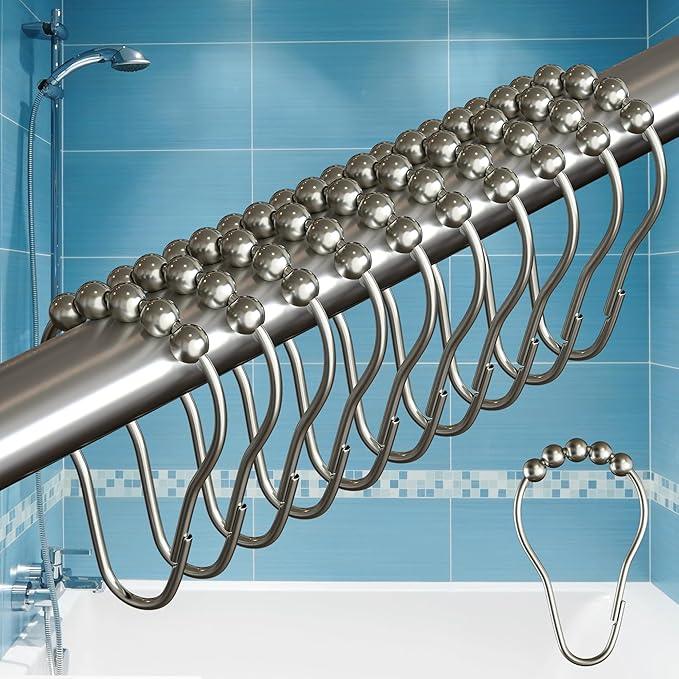 BigFoot Shower Curtain Hooks, Durable Stainless Steel, Rust Resistant, Easy Installation & Smooth Glide, Fits Standard Shower Rods, Metal Curtain Rings, 12 Pieces, Nickel Color - ModernBath