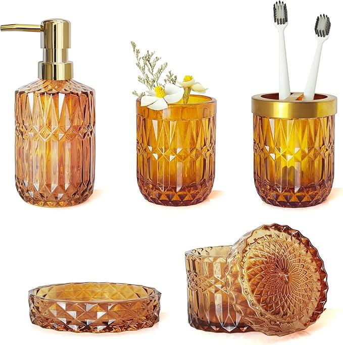 LaMarriti Amber Bathroom Accessories Set, 5Pcs Clear Glass Bathroom Sets, Hand Soap Dispenser, Soap Dish, Toothbrush Holder Set, Qtips Holder for Crystal Vintage Bath Decor, Set - ModernBath
