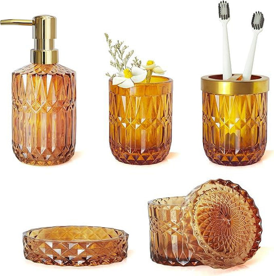LaMarriti Amber Bathroom Accessories Set, 5Pcs Clear Glass Bathroom Sets, Hand Soap Dispenser, Soap Dish, Toothbrush Holder Set, Qtips Holder for Crystal Vintage Bath Decor, Set - ModernBath