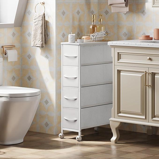 Narrow Dresser Storage Tower with 4 Drawers, Slim Dresser Chest of Drawers with Steel Frame, Wood Top, Dresser for Bedroom, Bathroom, Small Spaces, Laundry, Closet (White) - ModernBath