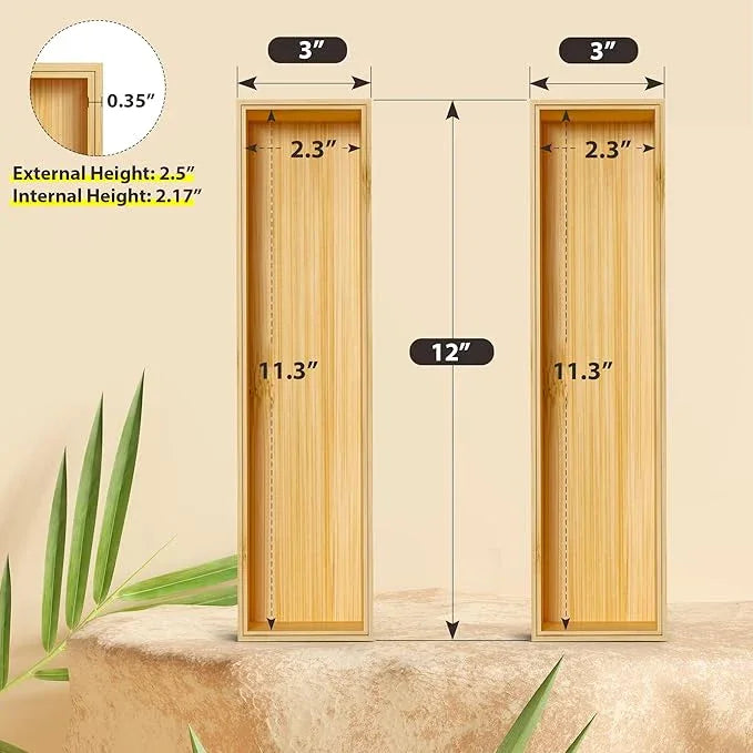 Kitchen Drawer Organizer Bins, Stackable Bamboo Deep Drawer Organizer for Silverware, Utensils, Cutlery, Flatware, Junk Drawer, Dresser, Bathroom, 12" x 3" x 2.5" (Set of 2) - ModernBath