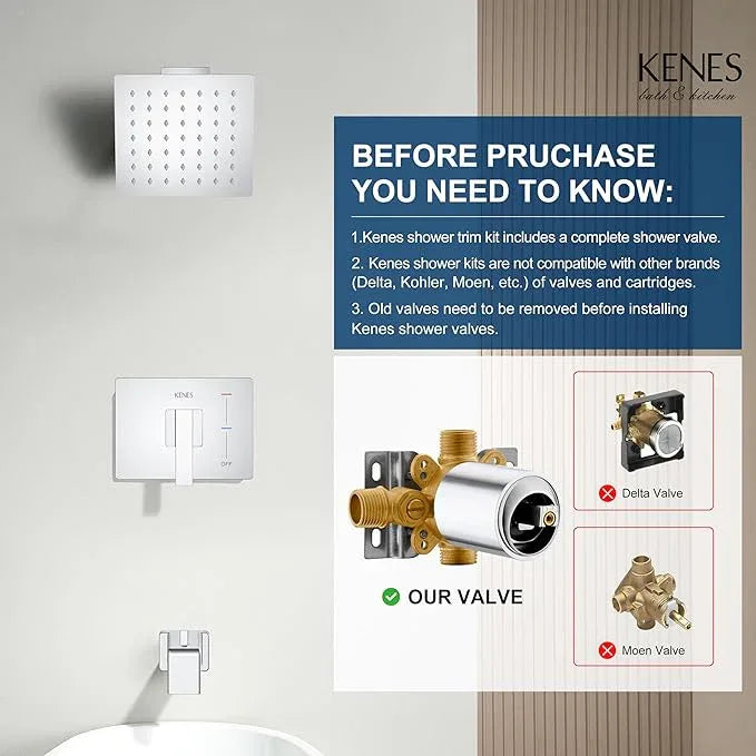 KENES Chrome Tub and Shower Trim Kit, Square Tub Shower Faucet Set Complete with 6-Inch Rainfall Shower Head and Tub Spout, KE-6025A-5 (Shower Valve Included) - ModernBath