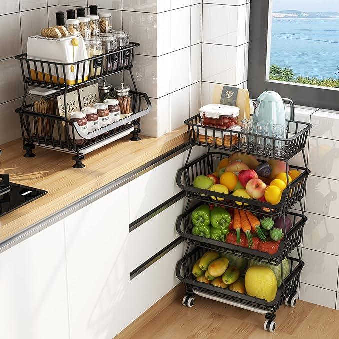 Metal Wire Baskets with Wheels, Stackable Storage Bins Kitchen Organizer Shelf 3-4-5-6 Tier Fruit Vegetable Cart Dishes Seasonal Rack Shelves for Garage, Pantry, Bathroom - ModernBath