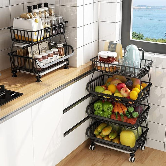 Metal Wire Baskets with Wheels, Stackable Storage Bins Kitchen Organizer Shelf 3-4-5-6 Tier Fruit Vegetable Cart Dishes Seasonal Rack Shelves for Garage, Pantry, Bathroom - ModernBath