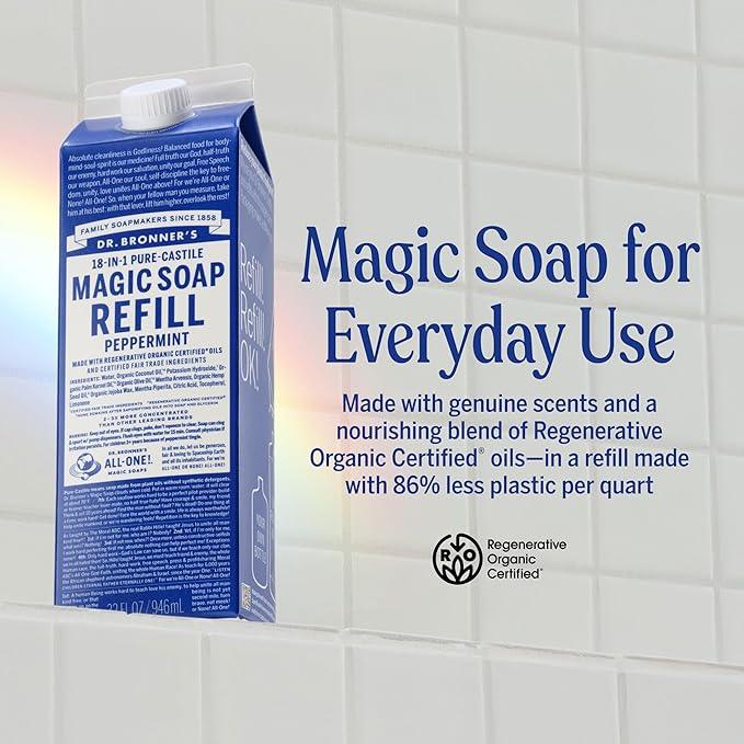 Dr. Bronner's Magic Soap-Pure-Castile Liquid Refill (Peppermint, 32 ounce, 2-Pack) - Regenerative Organic Certified Oils, For Body, Hair, Laundry, Pets & Dishes, Concentrated, Vegan, Non-GMO - ModernBath