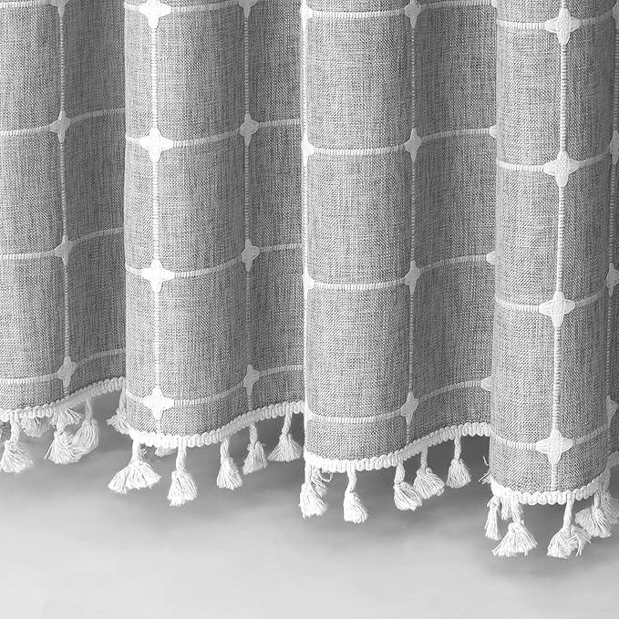 MitoVilla No Hooks Needed Boho Farmhouse Shower Curtain with Snap-in Liner, Cotton Linen Fabric Shower Curtains with Tassels for Rustic Neutral Bathroom Decor, Grey, 72 x 74 - ModernBath