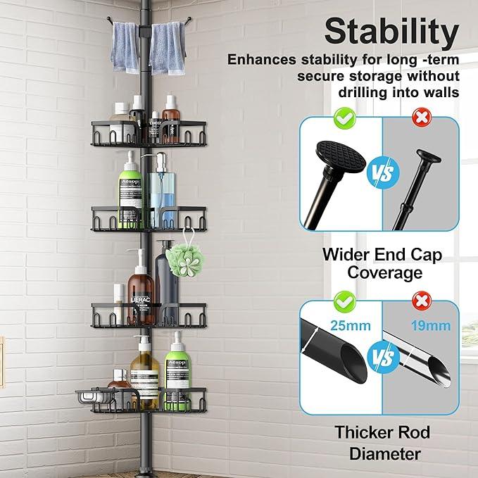 Corner Shower Caddy Tension Pole,39-113 inch Adjustable Rustproof Floor Standing Shower Organizer Shelf with 4 Basket for Bathtub,Inside Shower Shampoo Storage,Black - ModernBath